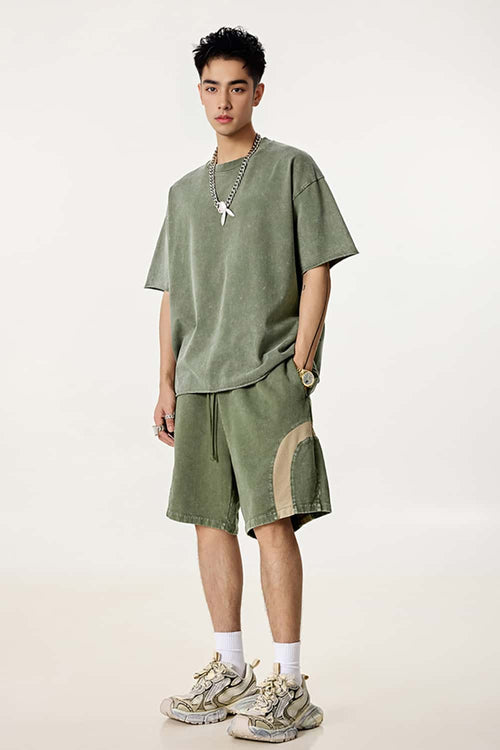 Spliced Contrast Casual Shorts - Military Green And Khaki