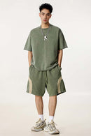 Spliced Contrast Casual Shorts - Military Green And Khaki