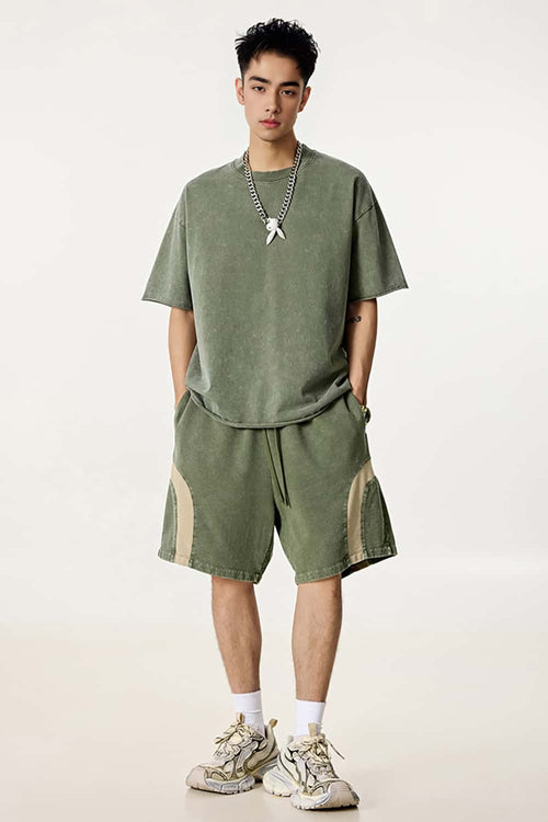 Spliced Contrast Casual Shorts - Military Green And Khaki
