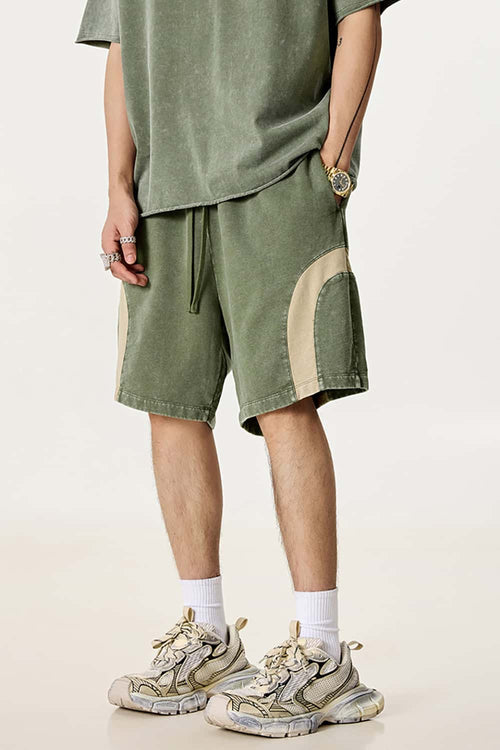 Spliced Contrast Casual Shorts - Military Green And Khaki