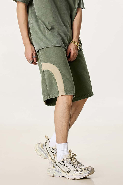 Spliced Contrast Casual Shorts - Military Green And Khaki