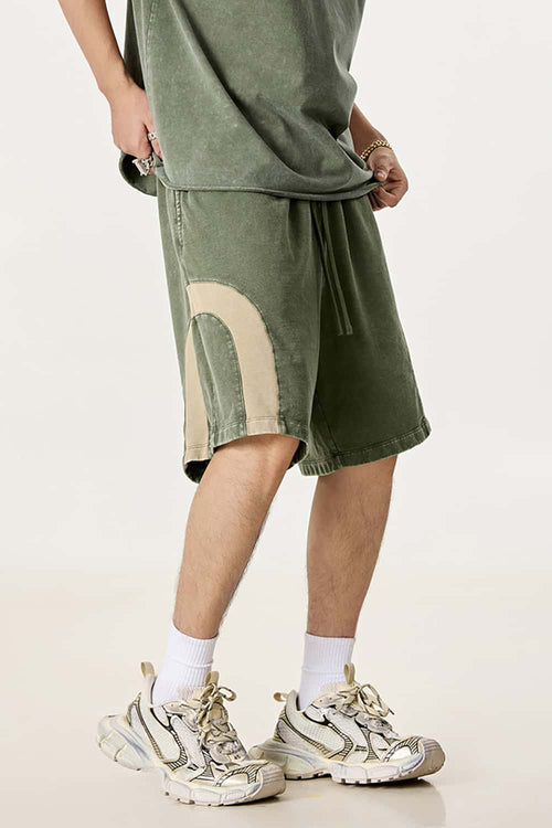 Spliced Contrast Casual Shorts - Military Green And Khaki