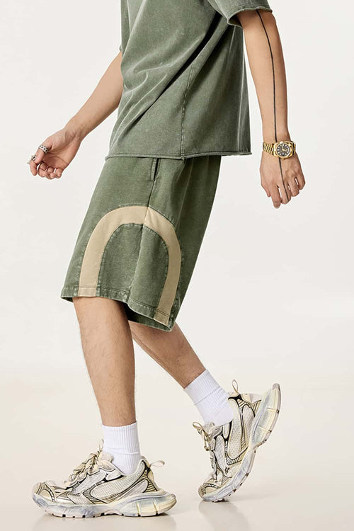 Spliced Contrast Casual Shorts - Military Green And Khaki