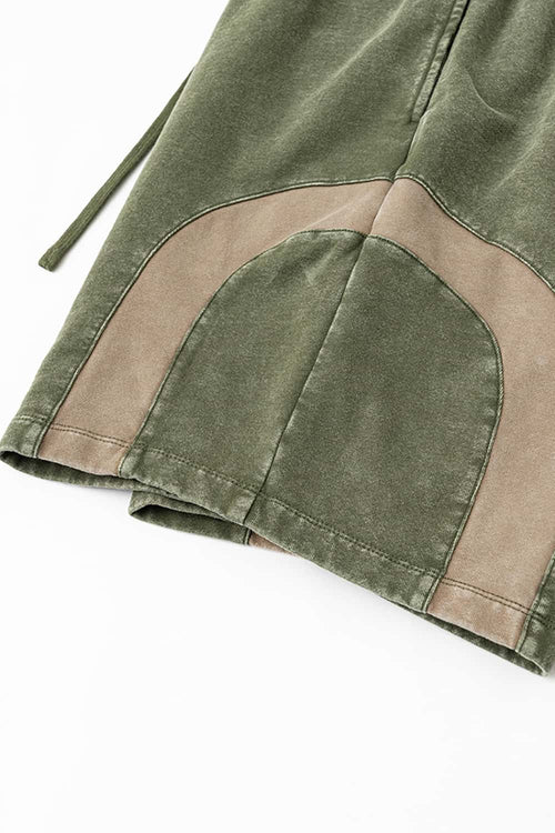 Spliced Contrast Casual Shorts - Military Green And Khaki