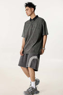 Distressed Contrast-Collar Polo - Dark Gray And Black