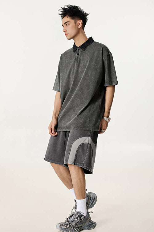 Distressed Contrast-Collar Polo - Dark Gray And Black