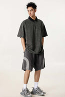 Distressed Contrast-Collar Polo - Dark Gray And Black