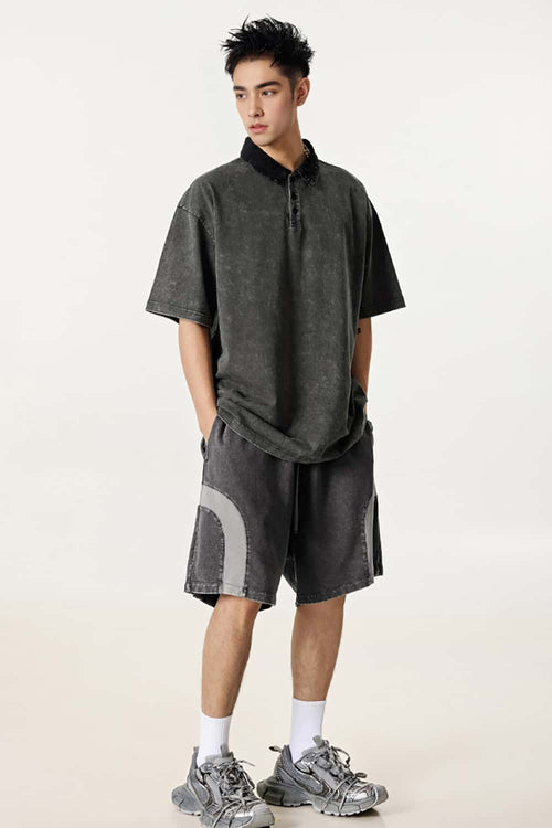 Distressed Contrast-Collar Polo - Dark Gray And Black