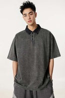 Distressed Contrast-Collar Polo - Dark Gray And Black
