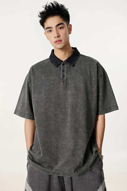 Distressed Contrast-Collar Polo - Dark Gray And Black