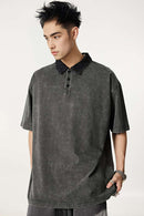 Distressed Contrast-Collar Polo - Dark Gray And Black