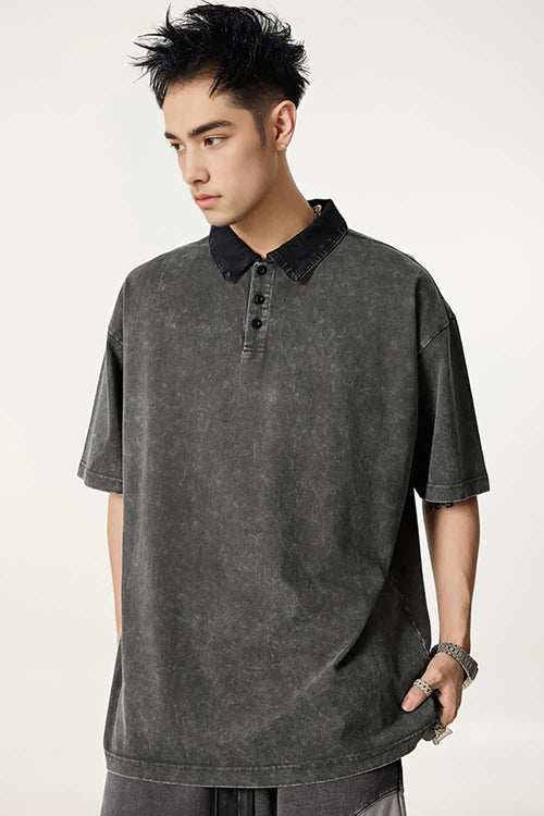 Distressed Contrast-Collar Polo - Dark Gray And Black