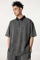 Distressed Contrast-Collar Polo - Dark Gray And Black