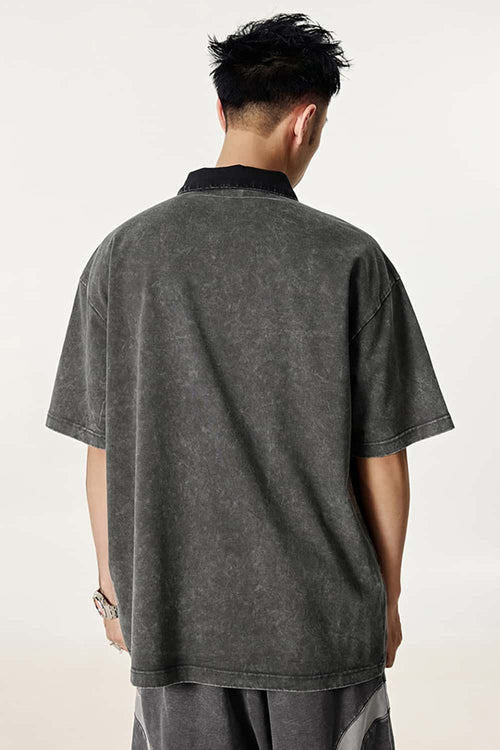 Distressed Contrast-Collar Polo - Dark Gray And Black