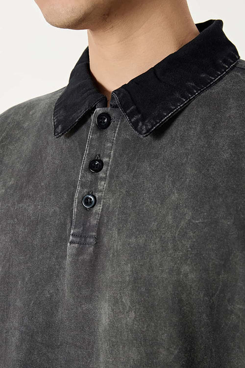 Distressed Contrast-Collar Polo - Dark Gray And Black
