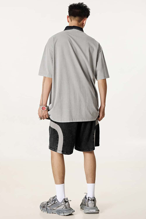 Distressed Contrast-Collar Polo - Medium Gray And Black