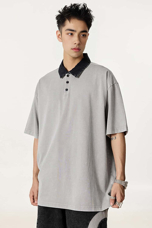 Distressed Contrast-Collar Polo - Medium Gray And Black
