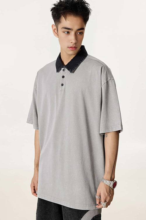 Distressed Contrast-Collar Polo - Medium Gray And Black