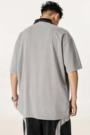 Distressed Contrast-Collar Polo - Medium Gray And Black