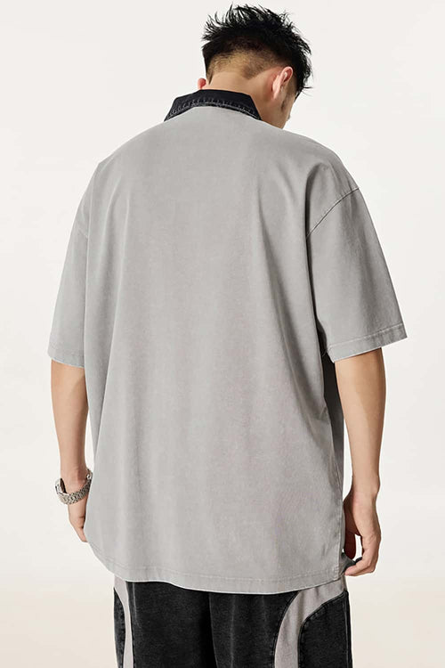 Distressed Contrast-Collar Polo - Medium Gray And Black