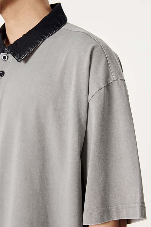 Distressed Contrast-Collar Polo - Medium Gray And Black