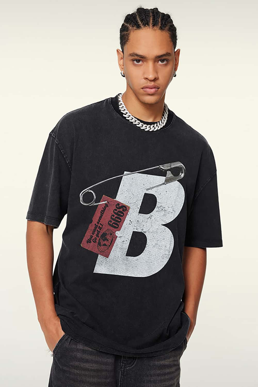 High Street Heavyweight Vintage Cotton T-Shirt with Safety Pin Graphic