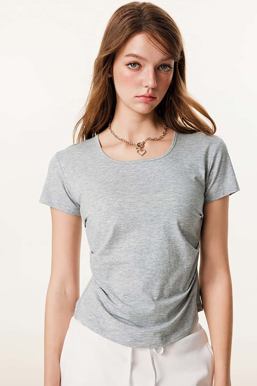 Elegant Square Neck Short Sleeve T-Shirt - Slimming Waist Cinch U-Neck Top