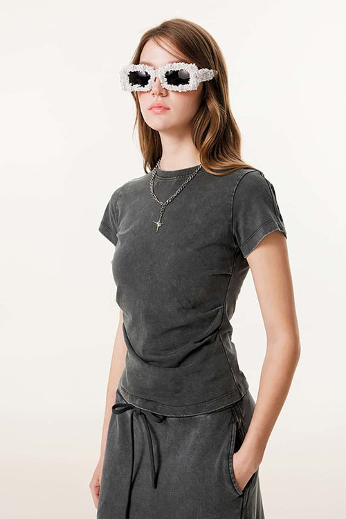 Washed Ruched Waist Tee - Dark Gray