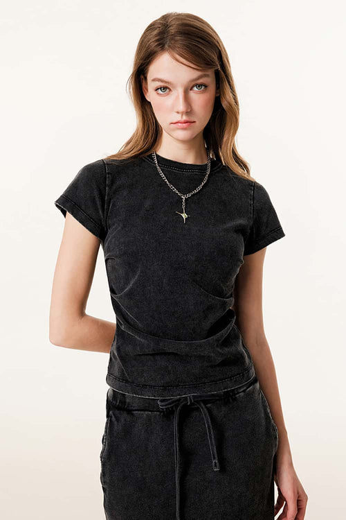 Washed Ruched Waist Tee - Fried Snowflakes