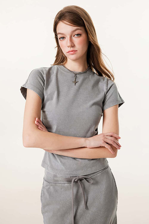Washed Ruched Waist Tee - Medium Gray