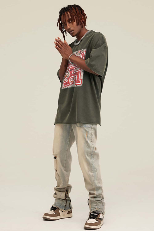 Washed Distressed Graphic Tee - Gray