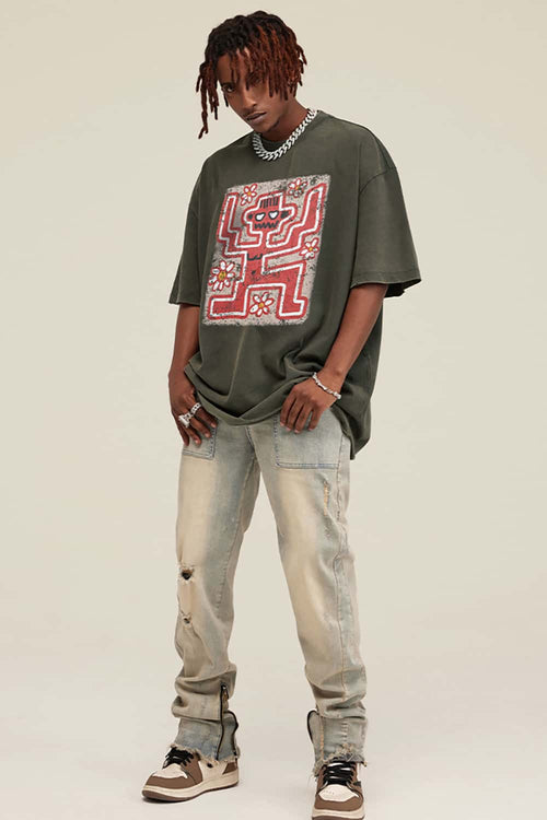Washed Distressed Graphic Tee - Gray