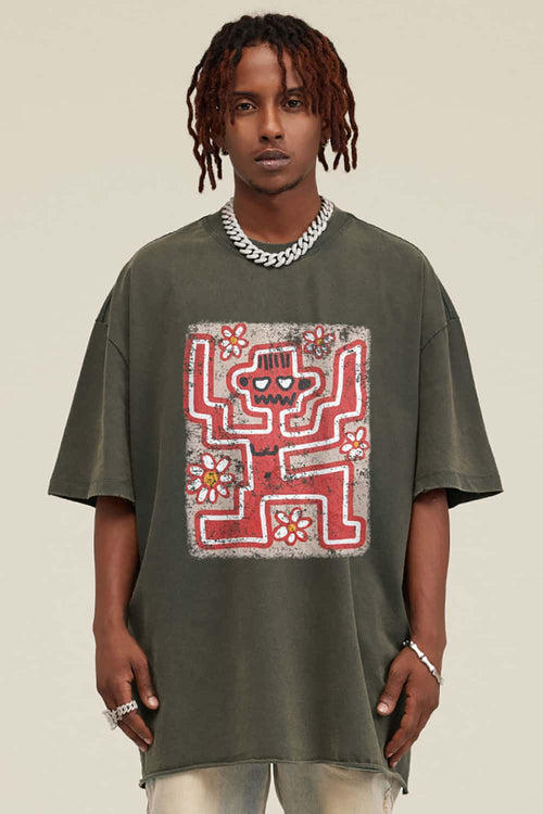 Washed Distressed Graphic Tee - Gray