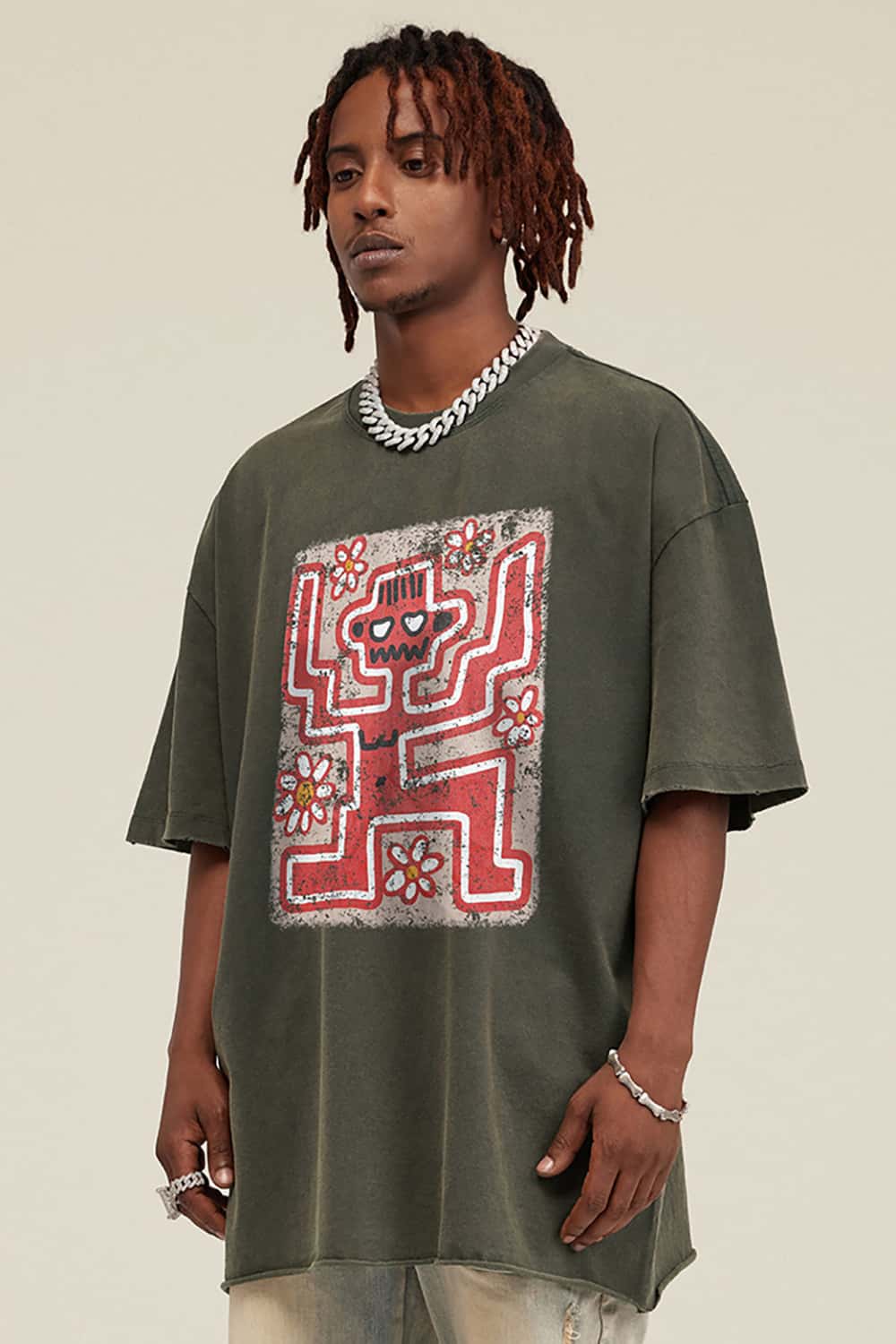 Vintage Washed Fun Print Short Sleeve T-Shirt - Distressed Street Style Tee