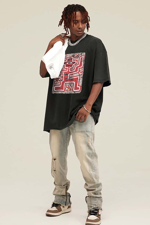 Washed Distressed Graphic Tee - Rust Black