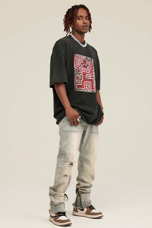 Washed Distressed Graphic Tee - Rust Black