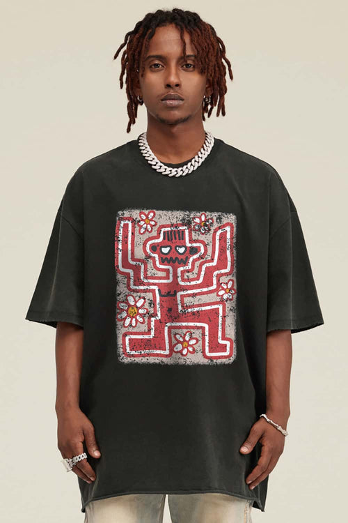 Washed Distressed Graphic Tee - Rust Black
