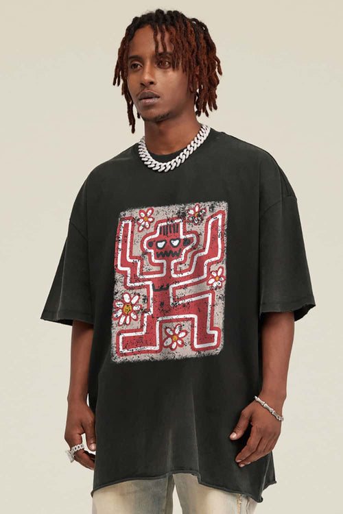 Washed Distressed Graphic Tee - Rust Black