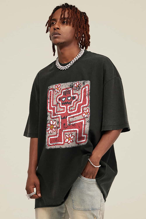 Washed Distressed Graphic Tee - Rust Black