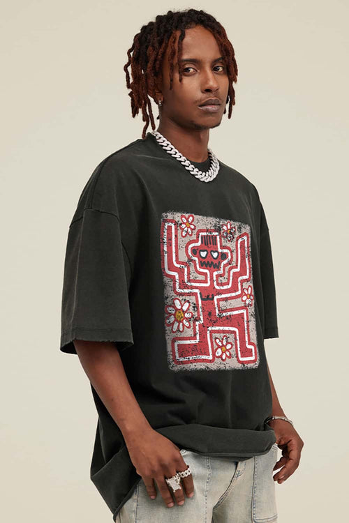 Washed Distressed Graphic Tee - Rust Black