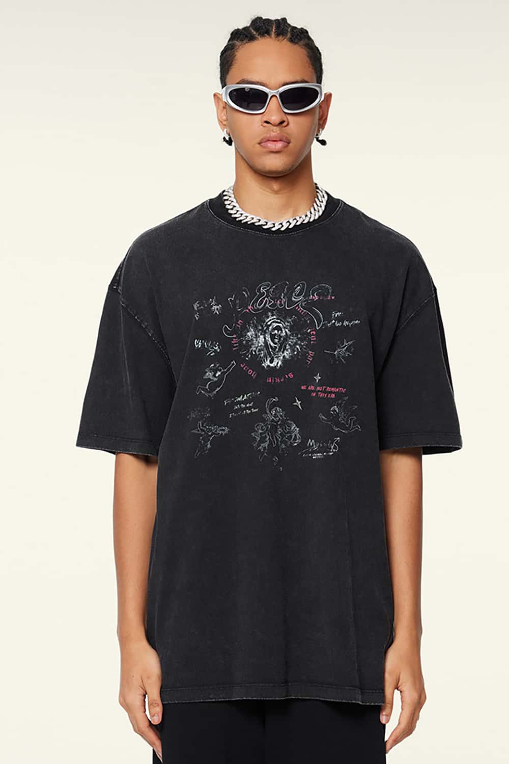 Vintage Wash Angel Print Round Neck Short Sleeve Streetwear T-Shirt