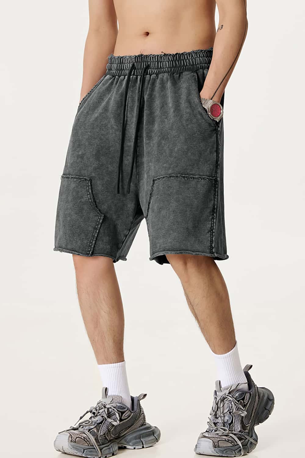 High Street Wax-Dyed Faded Patchwork Casual Cargo Shorts