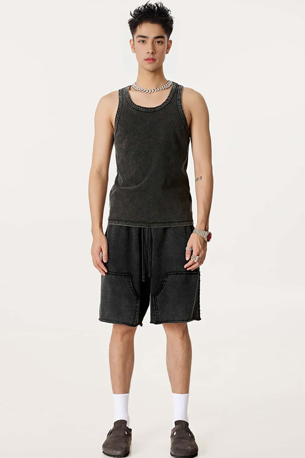 High Street Wax-Dyed Faded Patchwork Casual Cargo Shorts