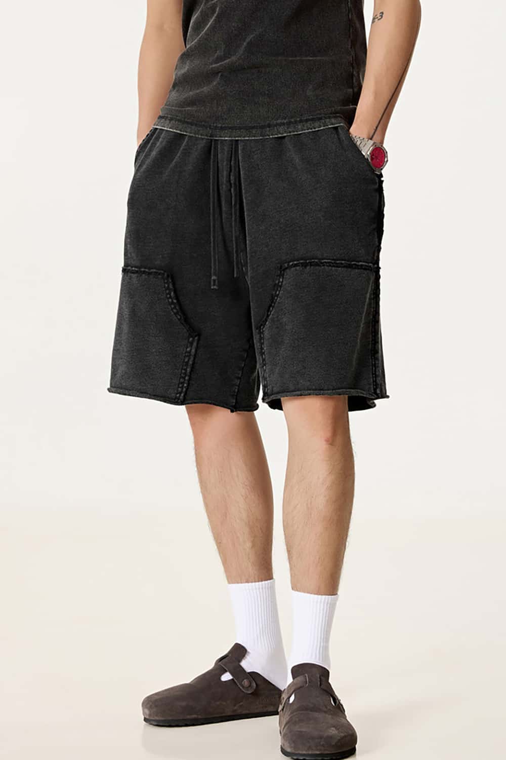 High Street Wax-Dyed Faded Patchwork Casual Cargo Shorts