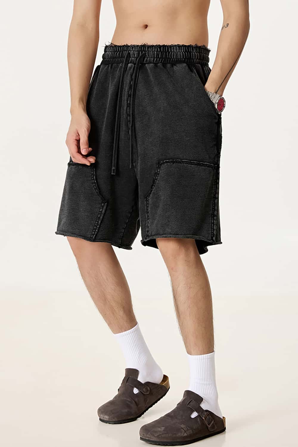 High Street Wax-Dyed Faded Patchwork Casual Cargo Shorts