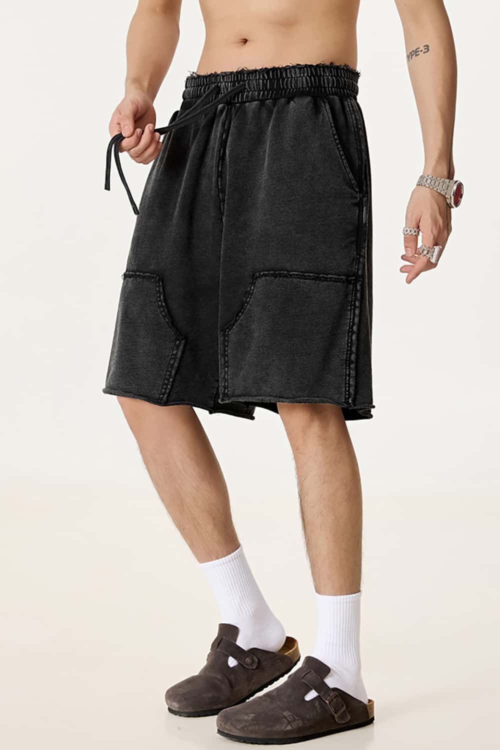 High Street Wax-Dyed Faded Patchwork Casual Cargo Shorts