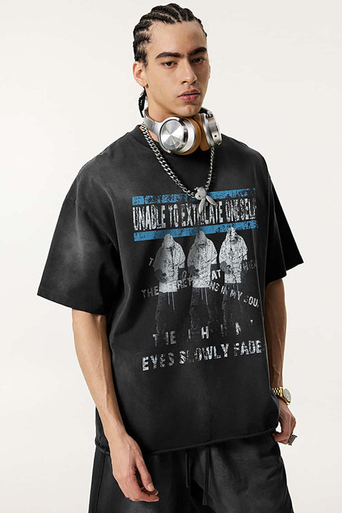 Distressed Rolled-Edge Graphic Tee - Vintage Black