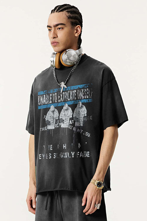 Distressed Rolled-Edge Graphic Tee - Vintage Black