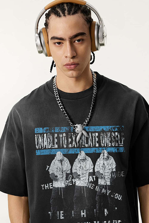 Distressed Rolled-Edge Graphic Tee - Vintage Black
