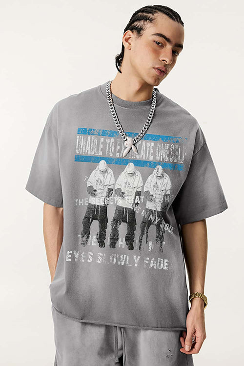 Distressed Rolled-Edge Graphic Tee - Vintage Medium Gray